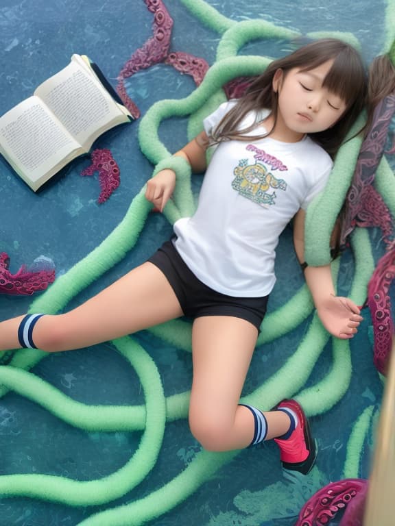  Middle  student entangled in tentacles, full body, high socks, mini , eyes closed, .