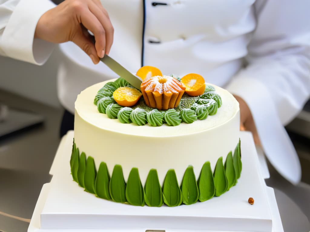  A minimalist yet captivating image of a skilled pastry chef meticulously piping intricate designs on a beautifully crafted cake, showcasing precision and artistry in a serene, welllit kitchen studio. The focus is on the chef's hands, highlighting the delicate movement and expertise required in the art of pastry decoration. The background is softly blurred to emphasize the elegance and mastery of the chef's craft, creating a visually engaging and aspirational scene for readers. hyperrealistic, full body, detailed clothing, highly detailed, cinematic lighting, stunningly beautiful, intricate, sharp focus, f/1. 8, 85mm, (centered image composition), (professionally color graded), ((bright soft diffused light)), volumetric fog, trending on instagram, trending on tumblr, HDR 4K, 8K