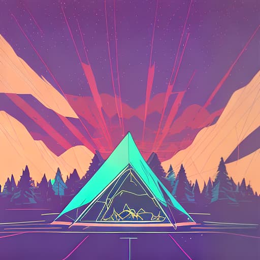 nvinkpunk Whimsical mountains with trees, camping tent and fire