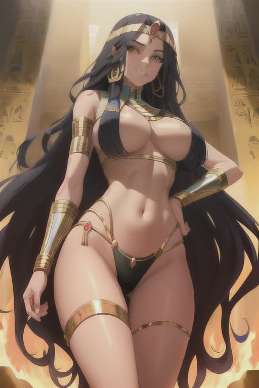  (adult:1.4), (adult:1.4), ((Long dark wavy hair)) ((tanned skin)) ((sharp gaze)) ((beautiful dark amber eyes)) ((athletic figure)) ((ample breasts)) ((toned body)) strong and glutes, wearing crop top ((leaving her toned abdomen exposed)) ((seductively smiling at the viewer as she drools teasingly and suggestively)) ((coquettish)) ((hourglass figure)) natural lips ((wearing skimpy ancient egyptian pharaoh clothing)) ((resting one hand on her hip as she accentuates her perfect and curves)) ((perfect body)) (((high resolution))) (((8k))) (((masterpiece))) (((best quality))) (((ultra-detailed))) ((flame-like beautiful wavy hair)), ((symmetrical face)) ((seductive smirk)) ((hunter eyes)) (((ancient egyptian queen)) , 