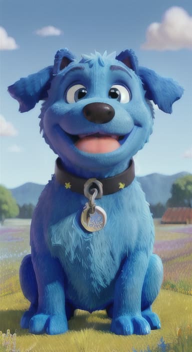  {A happy, big blue dog wagging its tail in a colorful meadow, The big blue dog is large with sky blue fur, big round eyes, a black nose, and floppy ears.