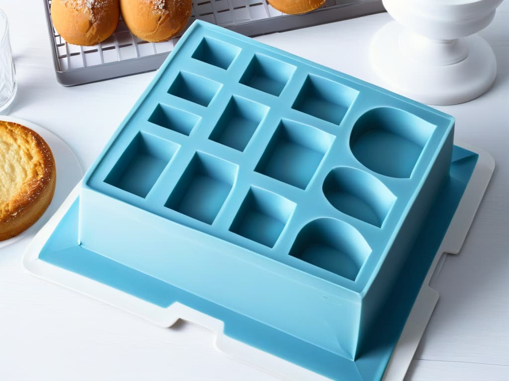  A closeup, ultradetailed image of an innovative silicone baking mold showcasing intricate geometric designs and a sleek, modern aesthetic. The mold is being used to create a perfectly shaped dessert, highlighting its versatility and precision. The silicone material is shown in high definition, capturing every fine detail and ensuring a visually striking and informative representation of the innovative silicone mold. hyperrealistic, full body, detailed clothing, highly detailed, cinematic lighting, stunningly beautiful, intricate, sharp focus, f/1. 8, 85mm, (centered image composition), (professionally color graded), ((bright soft diffused light)), volumetric fog, trending on instagram, trending on tumblr, HDR 4K, 8K