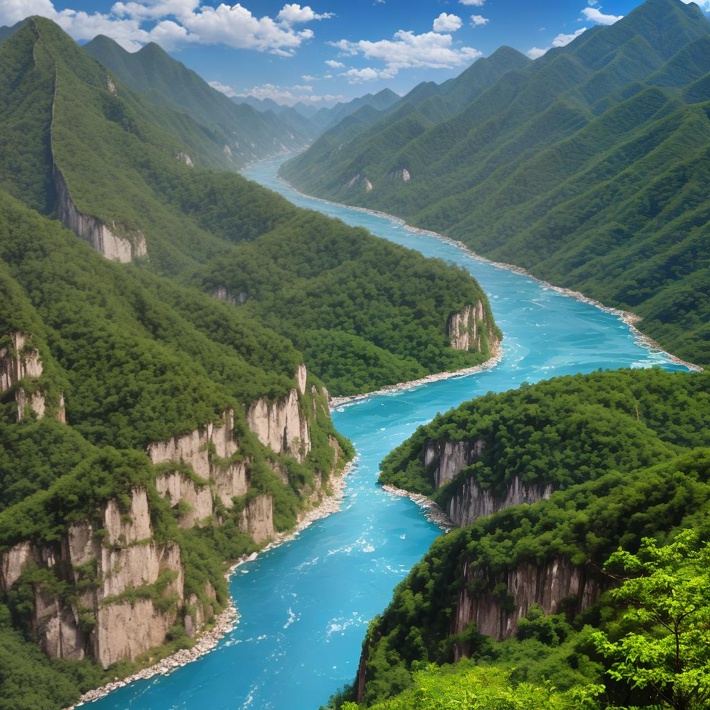  masterpiece, best quality, Wuzhishan, high mountains and forests, open sky, river, blue sky and white clouds