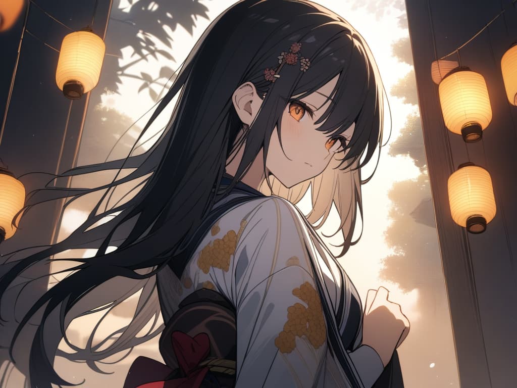  Masterpiece: 1.2), (Best Quounty: 1.2), Detailed Background, High Contrast, (Best Illumination, An Extremely Delicate and Beautiful) c light))), Hyper Detail, Dramatic Light, Intricte Details, 8k, Anime, Very AESTHETIC, kimono, orange, orange eyes, upper body, black hair, long hair, lanterns, hairpins, masterpiece, best quality,8k,ultra detailed,high resolution,an extremely delicate and beautiful,hyper detail