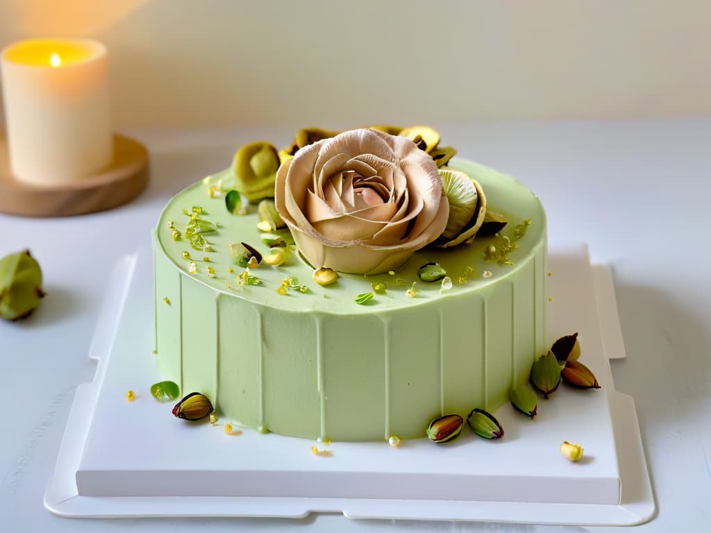  An ultradetailed image of a decadent pistachio and rosewater cake topped with a generous amount of crushed Iranian pistachios, set on a sleek, modern white plate against a backdrop of soft pastel hues. The cake is intricately decorated with delicate edible rose petals and gold leaf accents, showcasing the luxurious and creative use of Iranian pistachios in highend pastry. The soft natural lighting highlights the textures and colors of the dessert, creating a visually stunning and appetizing composition. hyperrealistic, full body, detailed clothing, highly detailed, cinematic lighting, stunningly beautiful, intricate, sharp focus, f/1. 8, 85mm, (centered image composition), (professionally color graded), ((bright soft diffused light)), volumetric fog, trending on instagram, trending on tumblr, HDR 4K, 8K