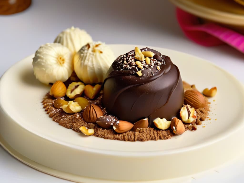  A closeup, ultradetailed image of a decadent chocolate truffle being rolled in crushed nuts, with the creamy chocolate ganache perfectly coated and the nuts finely textured, showcasing the luxurious texture and rich colors of the dessert. hyperrealistic, full body, detailed clothing, highly detailed, cinematic lighting, stunningly beautiful, intricate, sharp focus, f/1. 8, 85mm, (centered image composition), (professionally color graded), ((bright soft diffused light)), volumetric fog, trending on instagram, trending on tumblr, HDR 4K, 8K