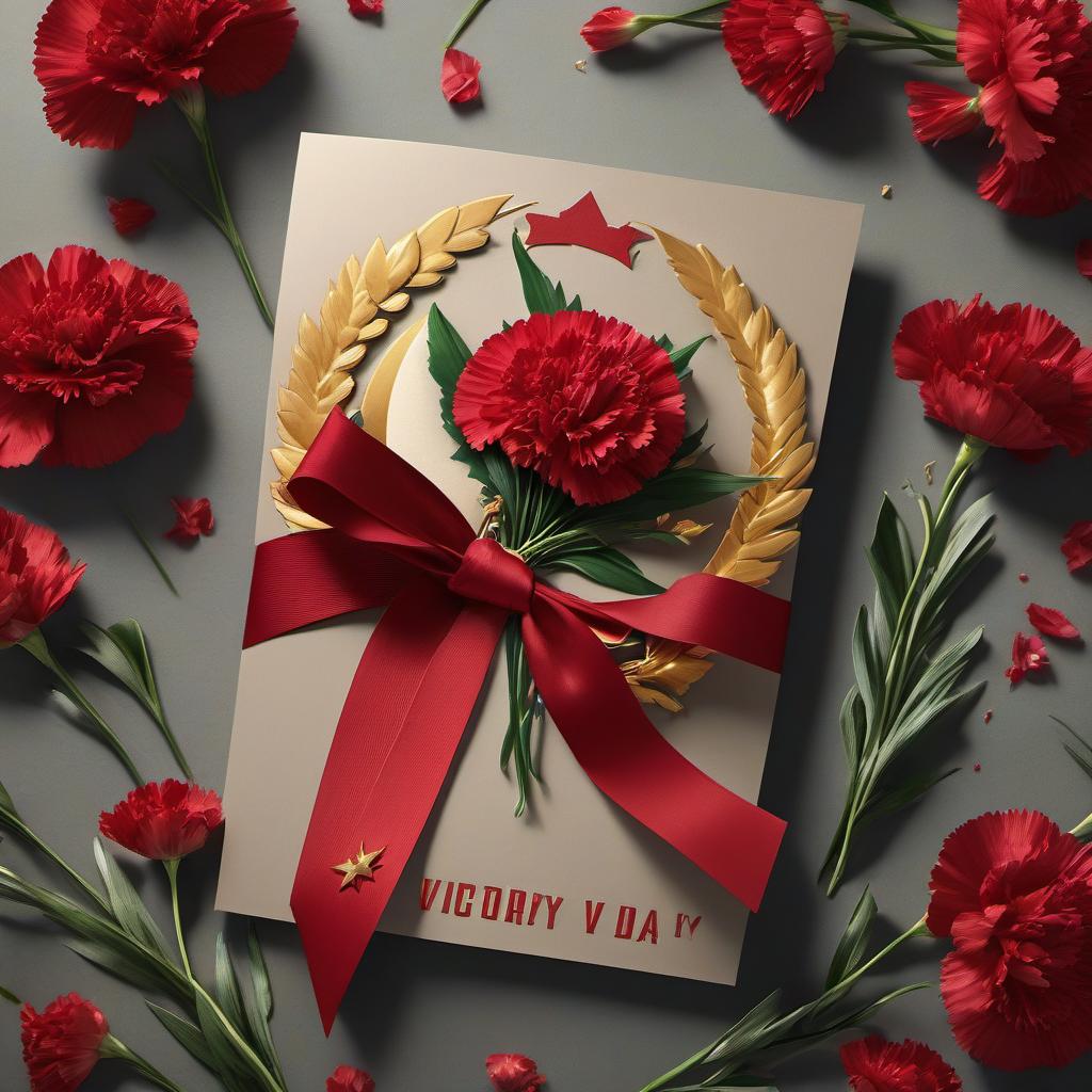  concept art Greeting card for Victory Day May 9th with elements of the St. George's ribbon, red carnations, and a star. There is room for a text message. Inscription "Happy Victory Day!" . digital artwork, illustrative, painterly, matte painting, highly detailed hyperrealistic, full body, detailed clothing, highly detailed, cinematic lighting, stunningly beautiful, intricate, sharp focus, f/1. 8, 85mm, (centered image composition), (professionally color graded), ((bright soft diffused light)), volumetric fog, trending on instagram, trending on tumblr, HDR 4K, 8K