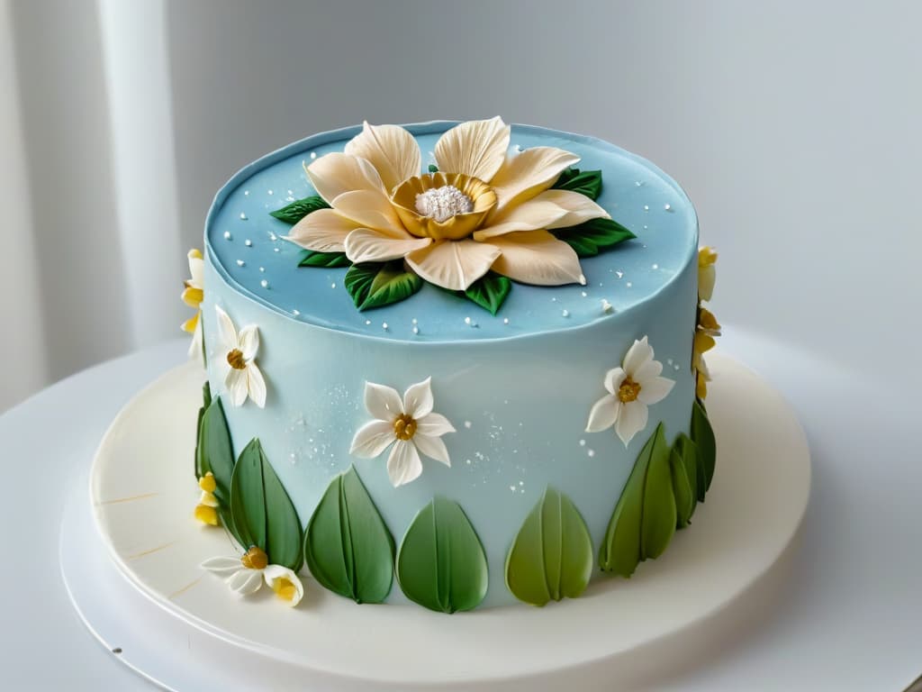  A minimalist, ultradetailed image showing a closeup of a perfectly sculpted, intricate sugar flower on top of a beautifully decorated cake. The image captures the fine details of the delicate petals and the shimmer of edible gold dust used for embellishment, showcasing the artistry and skill involved in professional pastry decoration. hyperrealistic, full body, detailed clothing, highly detailed, cinematic lighting, stunningly beautiful, intricate, sharp focus, f/1. 8, 85mm, (centered image composition), (professionally color graded), ((bright soft diffused light)), volumetric fog, trending on instagram, trending on tumblr, HDR 4K, 8K