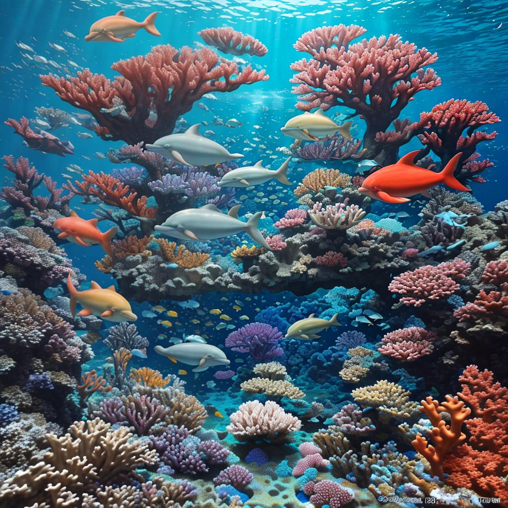  masterpiece, best quality, Most Beautiful in deep sea teeming with vibrant corals, diverse marine life, and enchanting underwater landscapes, full of corals, acrophore, small fishes, anemones, dolphin, various algaes, caves, colorful,all captured in stunning 8k resolution with intricate details.