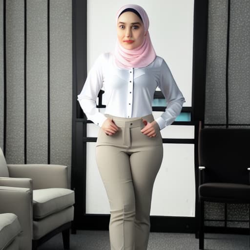  A office wearing micro, tight white formal office shirt, wearing hijab, -look, big , no , her big hard is clearly visible through the shirt, showing her body.