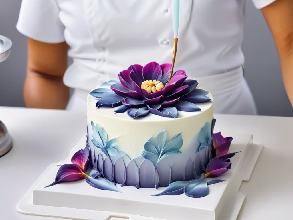  An 8k ultradetailed image of a delicate, intricate sugar flower being airbrushed with pastel colors, set against a clean, white background. The focus is on the skilled hands of a pastry chef holding the airbrush tool, with the fine mist of color gently enveloping the edible masterpiece. The colors blend seamlessly, creating a mesmerizing gradient effect on the petals of the sugar flower, showcasing the artistry and precision of aerography in pastry decoration. hyperrealistic, full body, detailed clothing, highly detailed, cinematic lighting, stunningly beautiful, intricate, sharp focus, f/1. 8, 85mm, (centered image composition), (professionally color graded), ((bright soft diffused light)), volumetric fog, trending on instagram, trending on tumblr, HDR 4K, 8K