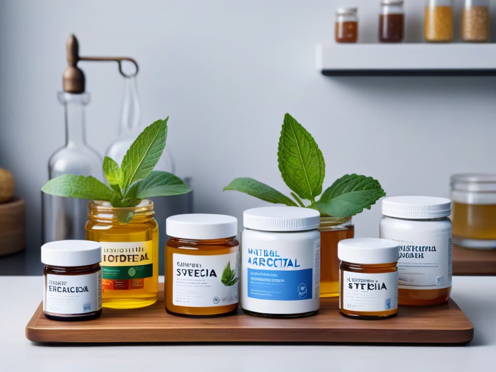  An ultradetailed image of various types of natural and artificial sweeteners neatly arranged on a sleek, modern kitchen countertop. The assortment includes honey in a glass jar, stevia leaves in a small bowl, raw sugar in a minimalist white container, and a few packets of artificial sweetener. The lighting is soft, casting gentle shadows that highlight the textures and colors of the different sweeteners. The overall aesthetic is clean, sophisticated, and visually appealing, perfectly complementing the informative yet inspiring tone of the article. hyperrealistic, full body, detailed clothing, highly detailed, cinematic lighting, stunningly beautiful, intricate, sharp focus, f/1. 8, 85mm, (centered image composition), (professionally color graded), ((bright soft diffused light)), volumetric fog, trending on instagram, trending on tumblr, HDR 4K, 8K