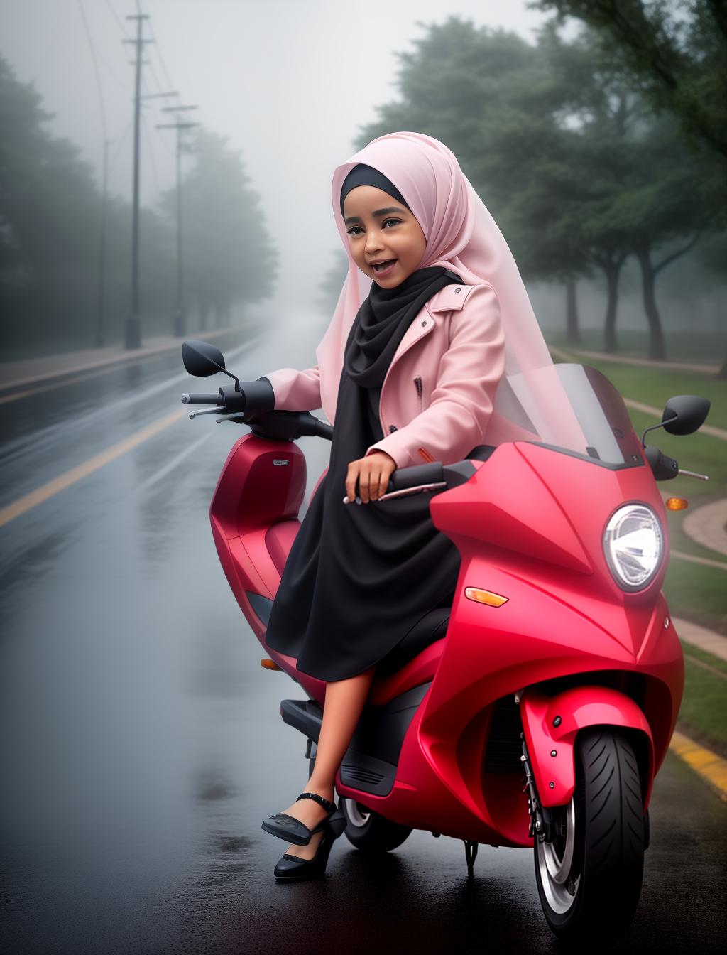  Portrait of a little girl wearing a hijab, crying in the rain at night, Shedding tears, while riding a motor scooter, (high detailed skin:1.2), 8k uhd, dslr, soft lighting, high quality, film grain, Fujifilm XT3 hyperrealistic, full body, detailed clothing, highly detailed, cinematic lighting, stunningly beautiful, intricate, sharp focus, f/1. 8, 85mm, (centered image composition), (professionally color graded), ((bright soft diffused light)), volumetric fog, trending on instagram, trending on tumblr, HDR 4K, 8K