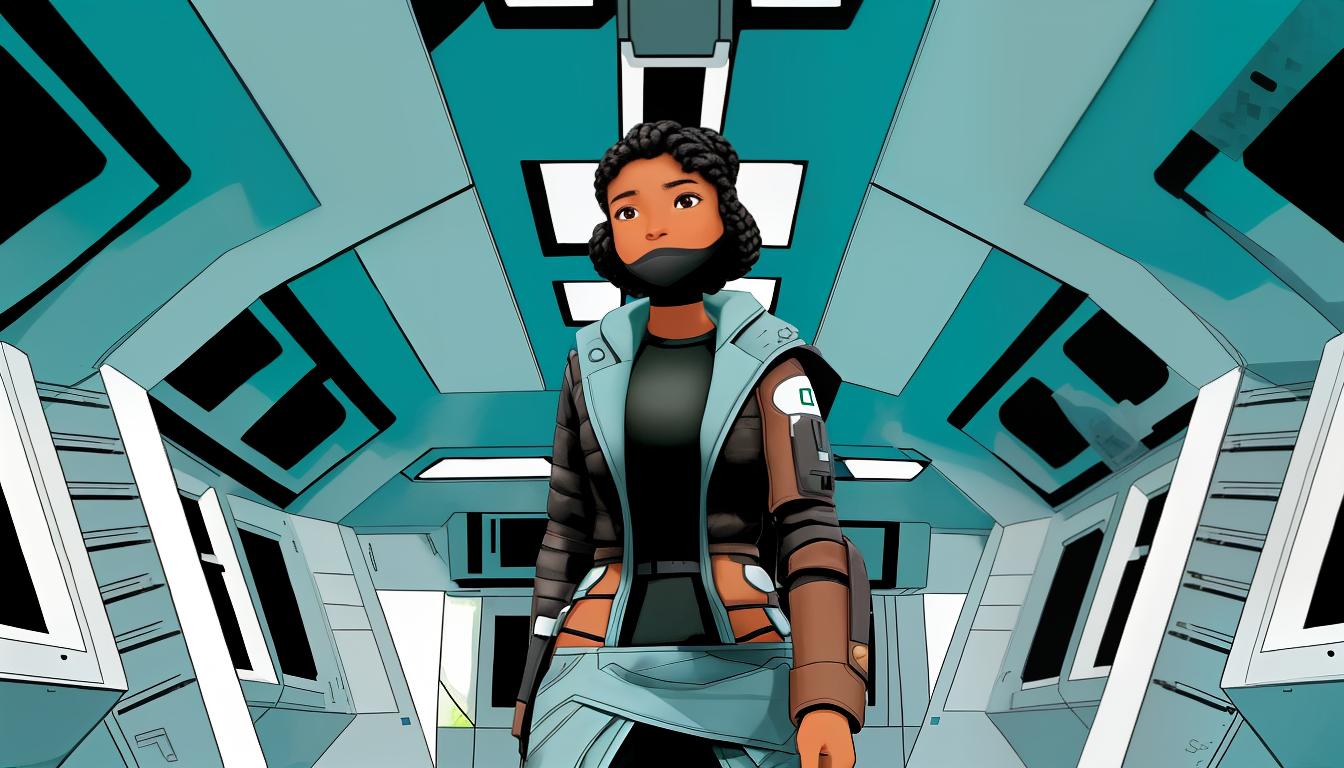  masterpiece, best quality, 1girl, solo, brown eyes, ebony skin, black curly hair with to knots on the back, looking at viewer, walking through a spaceship hallway, high tech metal walls, space showing through the black windows, comic book style, black lines, top quality, best quality