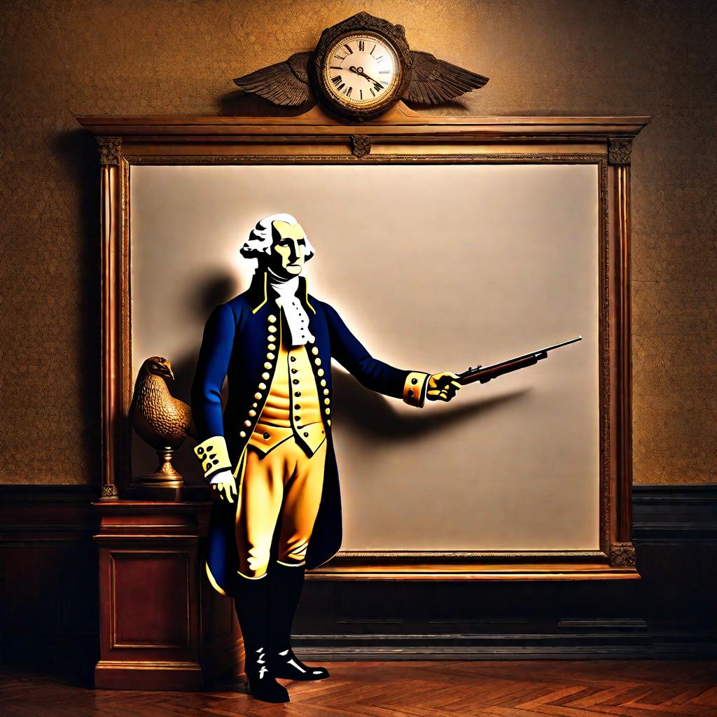  george washington pointing to a blank poster on the wall hyperrealistic, full body, detailed clothing, highly detailed, cinematic lighting, stunningly beautiful, intricate, sharp focus, f/1. 8, 85mm, (centered image composition), (professionally color graded), ((bright soft diffused light)), volumetric fog, trending on instagram, trending on tumblr, HDR 4K, 8K