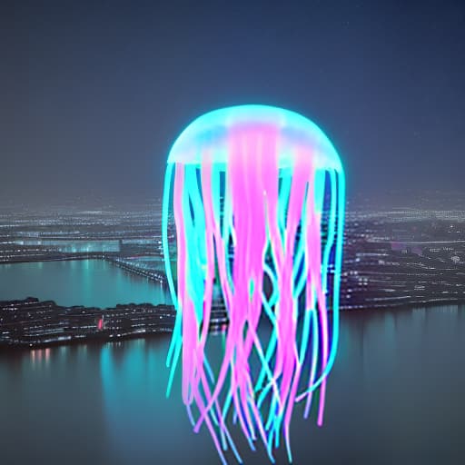 redshift style Multitude giant fluorescent jellyfish floating in the night sky over the tech city. glitch neon.