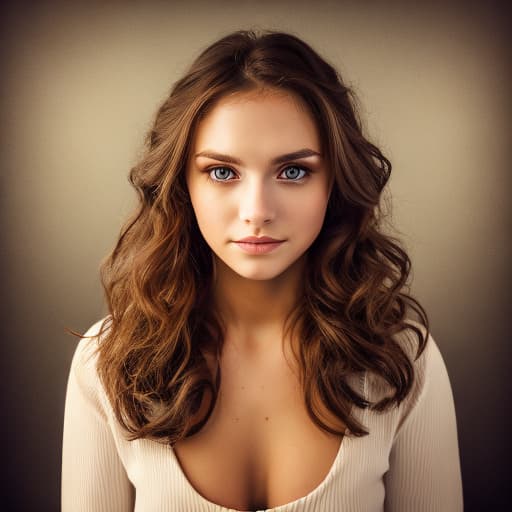 portrait+ style portrait of a beautiful young , brown hair, brown eyes, wavy hair, small s, in room, wearing neglige, symmetrical, simple background, ultra high res, 8k, t , full front view