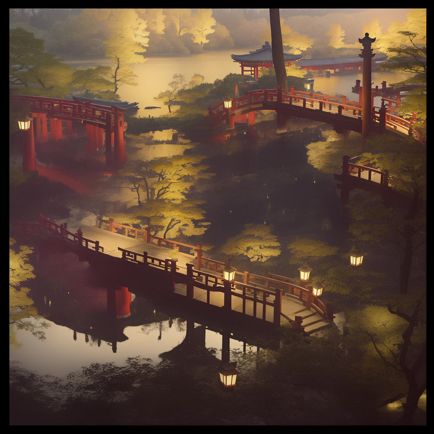  masterpiece, best quality, (Fidelity: 1.4), Best Quality, Masterpiece, Ultra High Resolution, 8k resolution, A night view inspired by Japanese art, featuring a garden illuminated by paper lanterns and a wooden bridge spanning a tranquil lake, by the lakeside, there is a small Zen temple. The water reflects the starry sky.