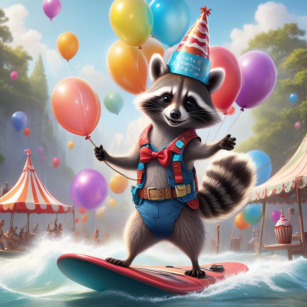  concept art A raccoon in a festive hat "Happy Birthday" holds a cake in its front paw, stands on a wakeboard with its hind paws dissecting waves, festive balloons are attached to the belt . digital artwork, illustrative, painterly, matte painting, highly detailed hyperrealistic, full body, detailed clothing, highly detailed, cinematic lighting, stunningly beautiful, intricate, sharp focus, f/1. 8, 85mm, (centered image composition), (professionally color graded), ((bright soft diffused light)), volumetric fog, trending on instagram, trending on tumblr, HDR 4K, 8K