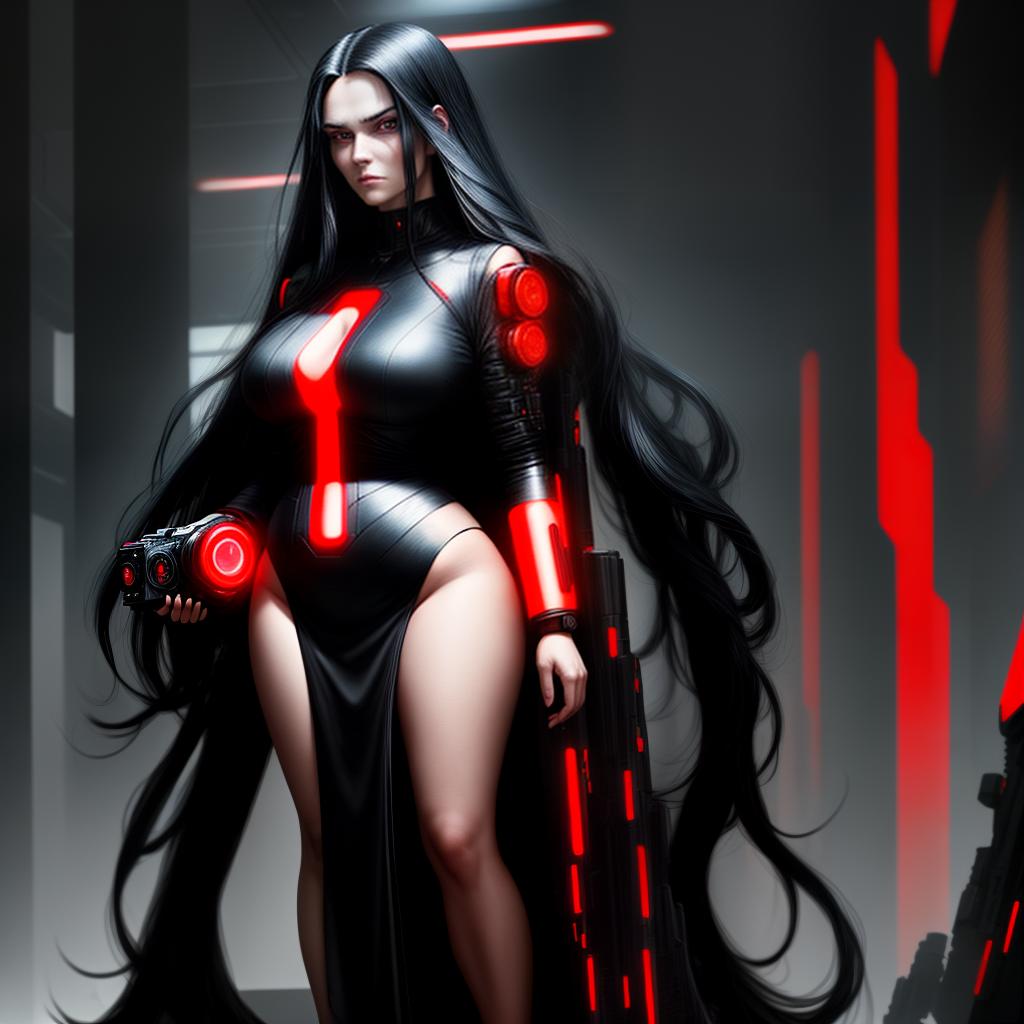  A woman with full body shapes, long black hair, blue eyes, in a red-colored dressing, holding a camera. Round faces of the face, expressive gaze, cyberpunk style, black background, golden decorations.