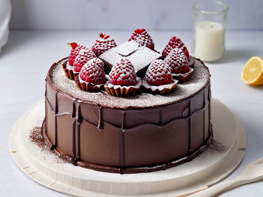  A beautifully styled minimalistic image of a decadent vegan chocolate cake topped with fresh raspberries and a dusting of powdered sugar, displayed on a sleek marble cake stand against a soft, blurred background. The cake is perfectly sliced to reveal its rich, moist layers, showcasing the intricate texture and glossy finish of the dessert. The vibrant red raspberries pop against the deep brown of the chocolate, creating a visually striking and inviting composition that embodies the elegance and indulgence of vegan baking. hyperrealistic, full body, detailed clothing, highly detailed, cinematic lighting, stunningly beautiful, intricate, sharp focus, f/1. 8, 85mm, (centered image composition), (professionally color graded), ((bright soft diffused light)), volumetric fog, trending on instagram, trending on tumblr, HDR 4K, 8K