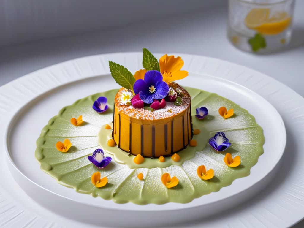  A closeup, ultradetailed image of a intricately designed, minimalistic dessert plated on a sleek, modern dish. The dessert is elegantly decorated with edible flowers and delicate drizzles of colorful sauces, showcasing the artistry and creativity of sustainable pastrymaking. The background is a soft focus to emphasize the dessert's intricate details, making it a visually striking and aesthetically pleasing image that perfectly complements the informative yet inspirational tone of the article on sustainable desserts. hyperrealistic, full body, detailed clothing, highly detailed, cinematic lighting, stunningly beautiful, intricate, sharp focus, f/1. 8, 85mm, (centered image composition), (professionally color graded), ((bright soft diffused light)), volumetric fog, trending on instagram, trending on tumblr, HDR 4K, 8K