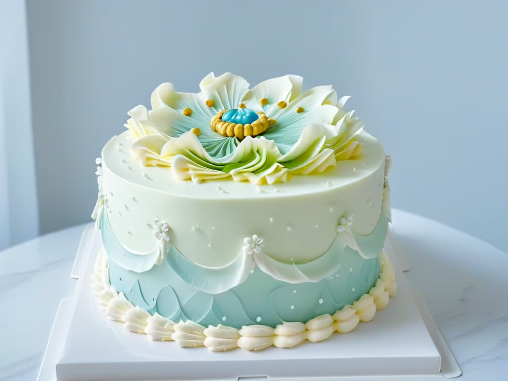  A closeup, ultradetailed image of a perfectly frosted threetiered cake, featuring intricate floral piping in pastel colors. The cake is elegantly displayed on a sleek, white marble countertop, with soft natural light illuminating the delicate details of the frosting. hyperrealistic, full body, detailed clothing, highly detailed, cinematic lighting, stunningly beautiful, intricate, sharp focus, f/1. 8, 85mm, (centered image composition), (professionally color graded), ((bright soft diffused light)), volumetric fog, trending on instagram, trending on tumblr, HDR 4K, 8K