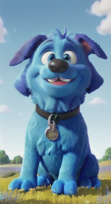  {A happy, big blue dog wagging its tail in a colorful meadow, The big blue dog is large with sky blue fur, big round eyes, a black nose, and floppy ears.