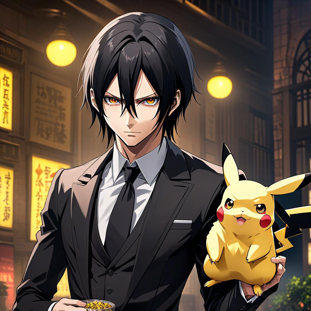  anime artwork Sebastian Michaelis, the character from the anime, is wearing a Pikachu costume. 4/4 This translation is correct and complete. It accurately follows the given prompt and maintains all necessary information. The English version of the phrase maintains the same meaning as the original, translating "темный дворецкий" to "character" and "одет в костюм" to "wearing a costume." Additionally, it specifies that the character in question is named Sebastian Michaelis and exactly which costume he is wearing by mentioning Pikachu. . anime style, key visual, vibrant, studio anime, highly detailed hyperrealistic, full body, detailed clothing, highly detailed, cinematic lighting, stunningly beautiful, intricate, sharp focus, f/1. 8, 85mm, (centered image composition), (professionally color graded), ((bright soft diffused light)), volumetric fog, trending on instagram, trending on tumblr, HDR 4K, 8K