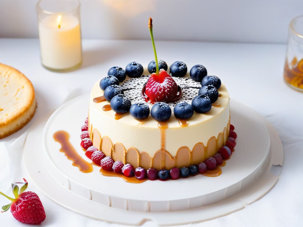  A photorealistic image of a decadent vegan cheesecake made with silky tofu as the main ingredient, topped with a generous amount of fresh berries and a drizzle of vegan caramel sauce. The cheesecake sits on a sleek, modern white plate, with a few crumbs scattered around to emphasize the rich texture of the dessert. The lighting highlights the creamy texture of the cheesecake and the vibrant colors of the berries, creating an inviting and appetizing composition. hyperrealistic, full body, detailed clothing, highly detailed, cinematic lighting, stunningly beautiful, intricate, sharp focus, f/1. 8, 85mm, (centered image composition), (professionally color graded), ((bright soft diffused light)), volumetric fog, trending on instagram, trending on tumblr, HDR 4K, 8K