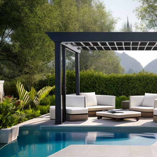 redshift style a modern pergola with half of front covered for privacy and waterproof roof hyperrealistic, full body, detailed clothing, highly detailed, cinematic lighting, stunningly beautiful, intricate, sharp focus, f/1. 8, 85mm, (centered image composition), (professionally color graded), ((bright soft diffused light)), volumetric fog, trending on instagram, trending on tumblr, HDR 4K, 8K