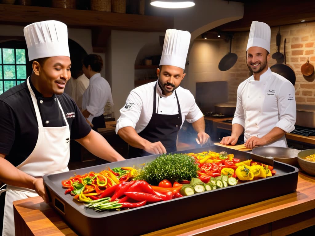  A photorealistic image of a diverse group of individuals, including a chef and cooking enthusiasts, gathered around a large wooden kitchen island in a beautifully lit, rustic kitchen. The chef is demonstrating a cooking technique with a flaming pan, while the participants watch with enthusiasm and curiosity. The kitchen is filled with fresh herbs, colorful vegetables, and exotic spices, creating a vibrant and inviting atmosphere. The image captures the essence of a culinary retreat, combining learning and adventure in a professional yet inspiring setting. hyperrealistic, full body, detailed clothing, highly detailed, cinematic lighting, stunningly beautiful, intricate, sharp focus, f/1. 8, 85mm, (centered image composition), (professionally color graded), ((bright soft diffused light)), volumetric fog, trending on instagram, trending on tumblr, HDR 4K, 8K