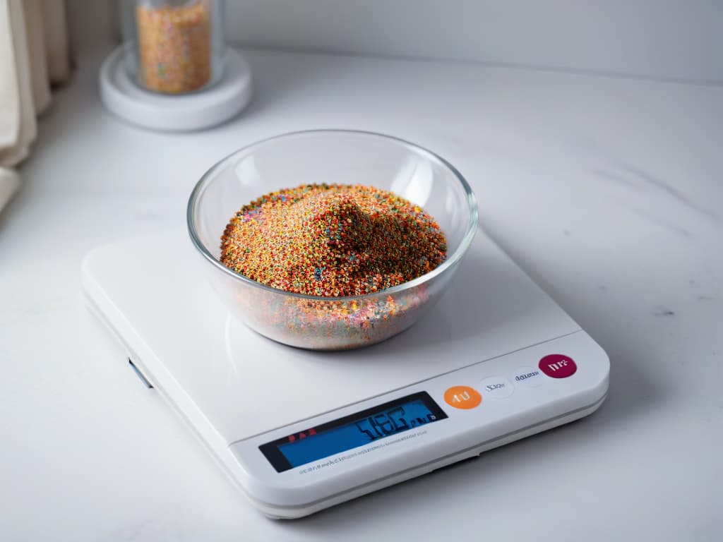  An ultradetailed closeup image of a digital kitchen scale capturing the precise measurement of colorful sprinkles on a sleek marble countertop. The lighting is soft, highlighting the intricate details of the scale's digital display and the vibrant hues of the sprinkles, creating a visually captivating and minimalist composition that conveys the importance of accurate measurement in baking. hyperrealistic, full body, detailed clothing, highly detailed, cinematic lighting, stunningly beautiful, intricate, sharp focus, f/1. 8, 85mm, (centered image composition), (professionally color graded), ((bright soft diffused light)), volumetric fog, trending on instagram, trending on tumblr, HDR 4K, 8K