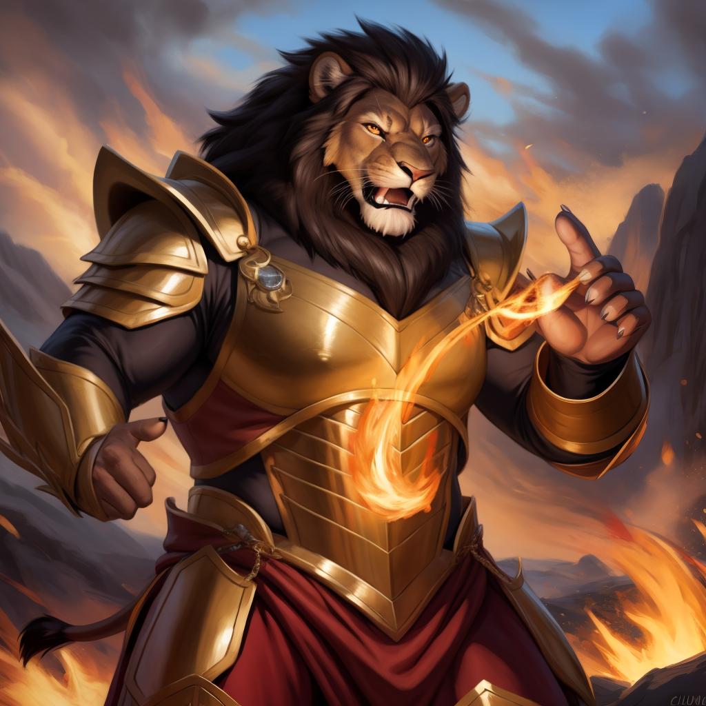  By chunie, by Meesh, portrait, full view, full body, detailed eyes, glowing eyes:2, sharp detail, masterpiece, photorealistic:2, solo, anthro, male, lion, scar on face, a lions fighting in a battlefield, casting a sparkling fire spell:2, fighting, roaring, angry face:2, serious face:2, rage, enraged:2, sparkling red and gold armor:2, surrounded by glowing flames:2, fireland, sparkling fire in background:2, ultra detailed sparkling flame, ultra detailed sparkling red and gold armor:2, sfw, thick body, muscular body, stare at the camera, open eyes, digital art, masterpiece, 4k, fine details,