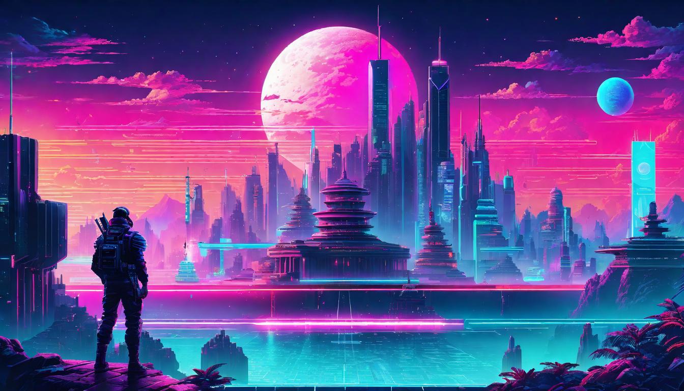  vaporwave,cyberpunk game style Scales of balance, one side glowing with power, the other side weighty with responsibility, shimmering aura, celestial backdropeon, dystopian, futuristic, digital, vibrant, detailed, high contrast, reminiscent of cyberpunk genre video games,retro aesthetic, cyberpunk, vibrant, neon colors, vintage 80s and 90s style, highly detailed