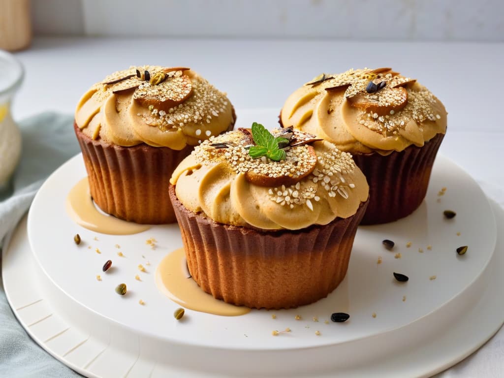  An ultradetailed closeup image of a freshly baked golden quinoa and amaranth muffin, topped with a delicate drizzle of honey and sprinkled with toasted quinoa seeds and amaranth flakes. The muffin is placed on a sleek, modern ceramic plate against a clean, white background, showcasing its texture and intricate details in stunning clarity. hyperrealistic, full body, detailed clothing, highly detailed, cinematic lighting, stunningly beautiful, intricate, sharp focus, f/1. 8, 85mm, (centered image composition), (professionally color graded), ((bright soft diffused light)), volumetric fog, trending on instagram, trending on tumblr, HDR 4K, 8K