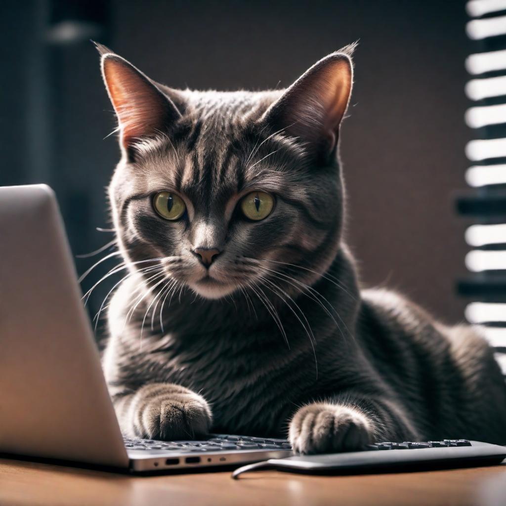  meme with a cat sitting at a computer looking like a hacker. Text says: "I'm in! Time to redistribute all the catnip." hyperrealistic, full body, detailed clothing, highly detailed, cinematic lighting, stunningly beautiful, intricate, sharp focus, f/1. 8, 85mm, (centered image composition), (professionally color graded), ((bright soft diffused light)), volumetric fog, trending on instagram, trending on tumblr, HDR 4K, 8K