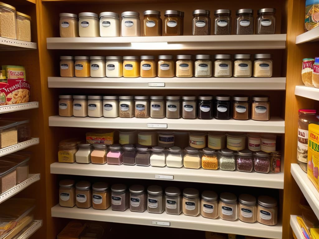  A photorealistic image of a perfectly organized pantry shelf dedicated to baking ingredients, showcasing neatly labeled jars filled with various types of flour, sugar, baking powder, vanilla extract, and colorful sprinkles. Each item is meticulously arranged, with soft lighting highlighting the textures and details of the ingredients, creating a sense of order and inspiration for aspiring bakers. hyperrealistic, full body, detailed clothing, highly detailed, cinematic lighting, stunningly beautiful, intricate, sharp focus, f/1. 8, 85mm, (centered image composition), (professionally color graded), ((bright soft diffused light)), volumetric fog, trending on instagram, trending on tumblr, HDR 4K, 8K