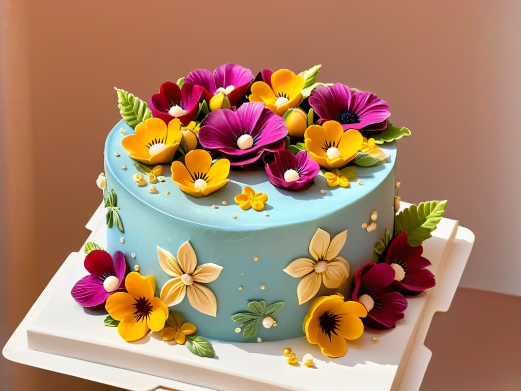  A closeup, ultradetailed image of a vibrant, intricately decorated cake with edible flowers, shimmering gold accents, and precisely piped designs in pastel hues, showcasing the artistry and skill of using edible colors in pastry creations. hyperrealistic, full body, detailed clothing, highly detailed, cinematic lighting, stunningly beautiful, intricate, sharp focus, f/1. 8, 85mm, (centered image composition), (professionally color graded), ((bright soft diffused light)), volumetric fog, trending on instagram, trending on tumblr, HDR 4K, 8K