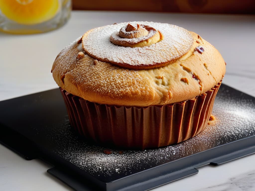  An ultradetailed closeup image of a freshly baked golden brown goji berry muffin, sprinkled with powdered sugar on a sleek, matte black plate. The muffin is perfectly domed, with plump goji berries bursting through the surface, showcasing their vibrant red color against the rich golden crust. The powdered sugar glistens in the light, adding a touch of elegance to the minimalistic presentation. The image captures the texture and warmth of the muffin, inviting the viewer to savor the combination of flavors and benefits of incorporating goji berries into pastry. hyperrealistic, full body, detailed clothing, highly detailed, cinematic lighting, stunningly beautiful, intricate, sharp focus, f/1. 8, 85mm, (centered image composition), (professionally color graded), ((bright soft diffused light)), volumetric fog, trending on instagram, trending on tumblr, HDR 4K, 8K