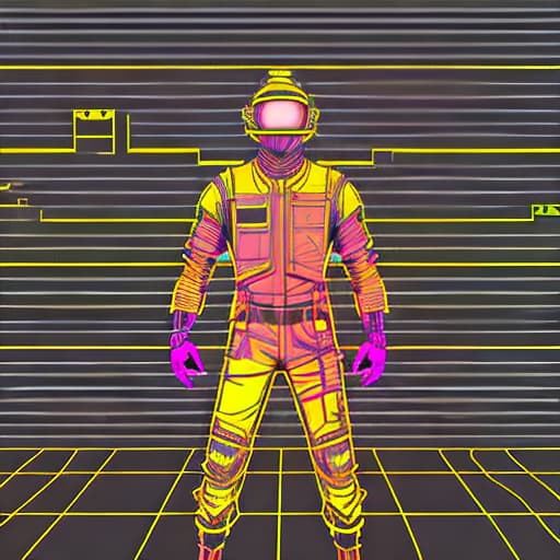 nvinkpunk a man stands full-length against a brick wall. solo. a futuristic costume. a helmet with a smiley face pattern. The suit is even. a suit with a pattern of yellow lines. over-detailed patterns and face