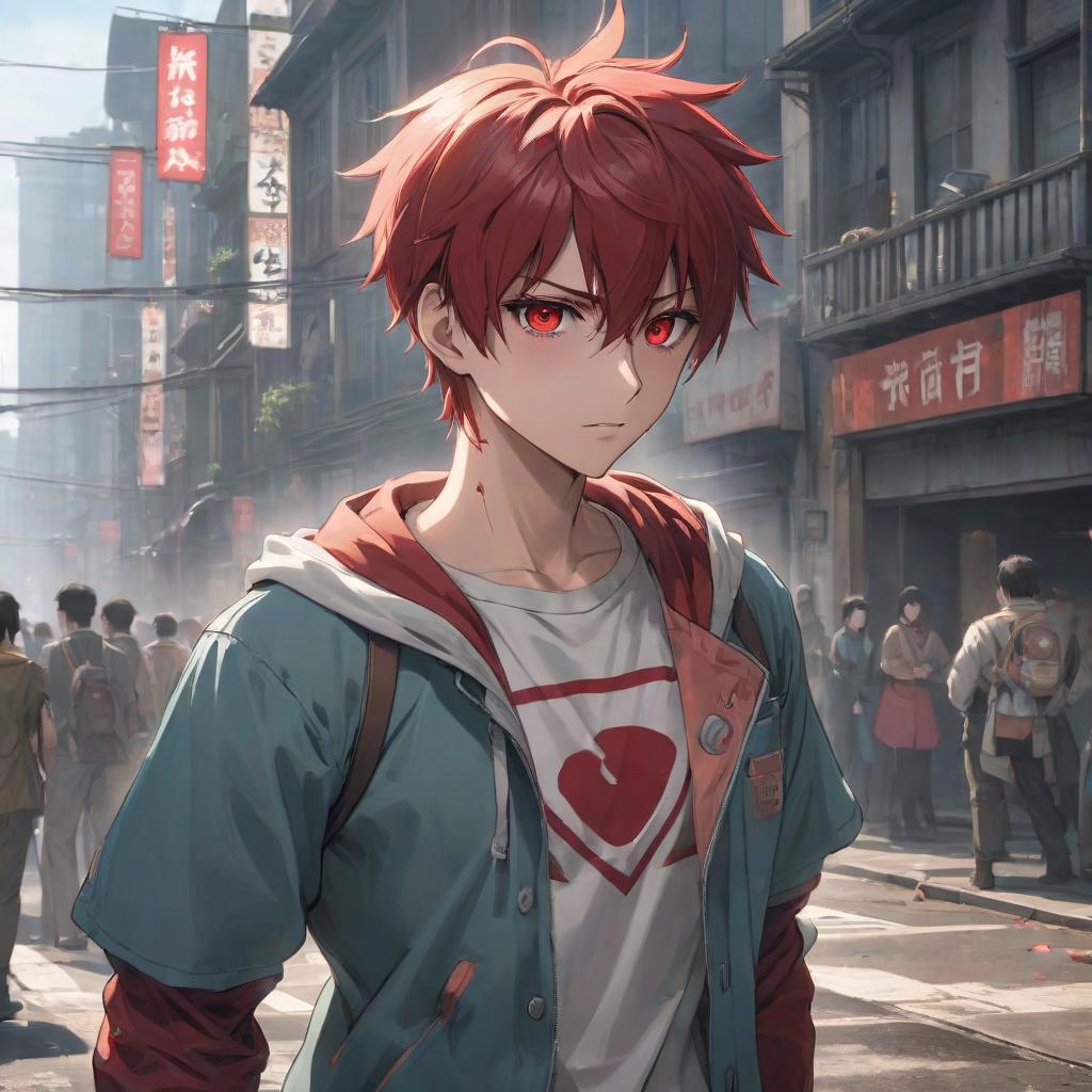  anime artwork The scene resembles an anime, with a city object in the background. The hero's appearance is torn by wounds and scratches, dressed in light clothing. He has red eyes, and there's a dust effect. He's holding a sign that says "GG". . anime style, key visual, vibrant, studio anime, highly detailed hyperrealistic, full body, detailed clothing, highly detailed, cinematic lighting, stunningly beautiful, intricate, sharp focus, f/1. 8, 85mm, (centered image composition), (professionally color graded), ((bright soft diffused light)), volumetric fog, trending on instagram, trending on tumblr, HDR 4K, 8K