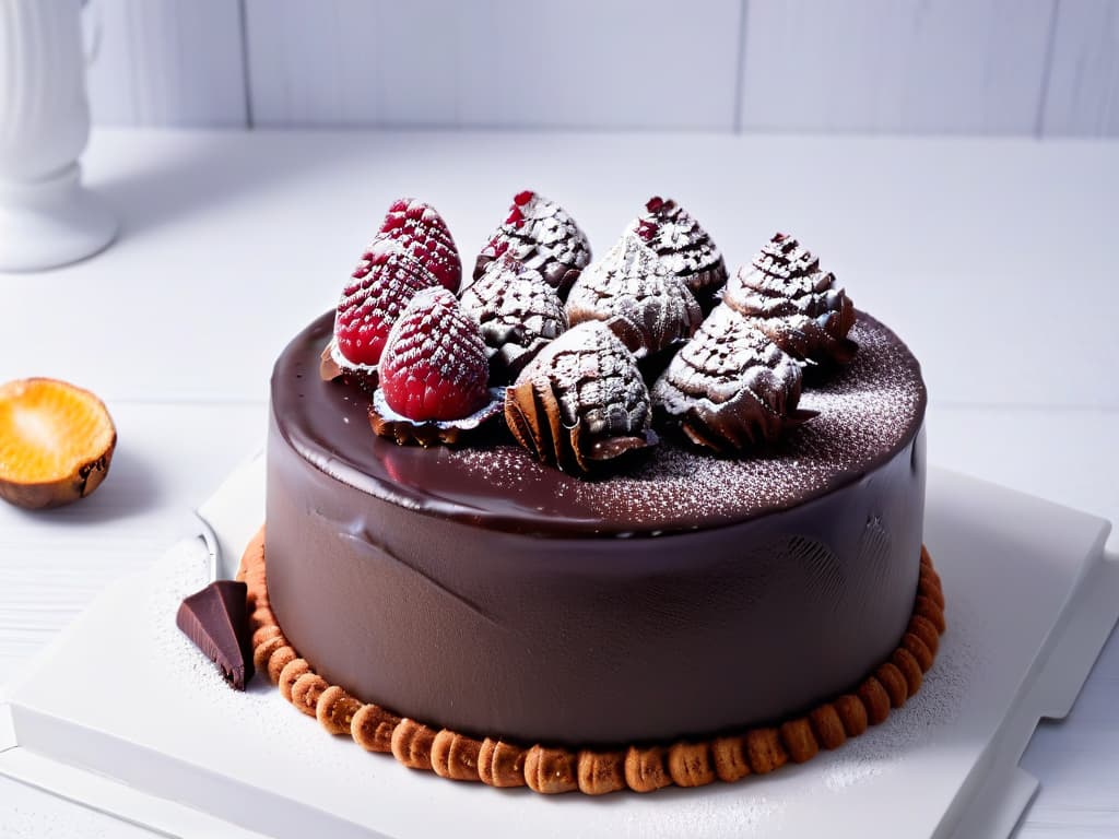  An 8k ultradetailed image of a sleek, modern kitchen with marble countertops and copper accents. In the center, a glossy, decadent chocolate cake sits on a minimalist white plate, adorned with fresh raspberries and a dusting of powdered sugar. The lighting is soft and natural, highlighting the rich, dark chocolate and inviting viewers to indulge in the luxurious treat. hyperrealistic, full body, detailed clothing, highly detailed, cinematic lighting, stunningly beautiful, intricate, sharp focus, f/1. 8, 85mm, (centered image composition), (professionally color graded), ((bright soft diffused light)), volumetric fog, trending on instagram, trending on tumblr, HDR 4K, 8K