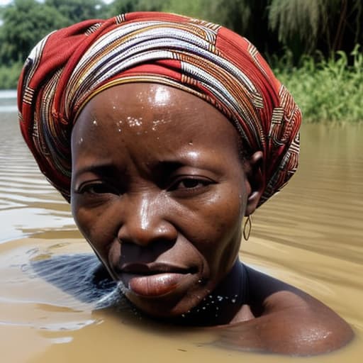  african woman's head drowning in the river the water is up to her nose