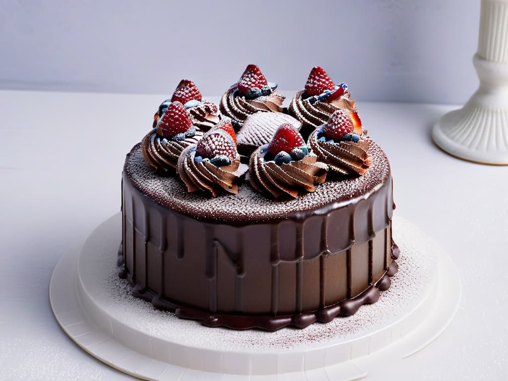  A closeup, photorealistic image of a decadent chocolate cake with layers of rich ganache and fresh berries on top, dusted with a delicate sprinkle of powdered sugar. The cake sits on a pristine white porcelain cake stand, showcasing its intricate details like textured frosting and glossy drizzle, inviting the viewer to indulge in its exquisite sweetness. The lighting highlights every luscious detail, making the cake appear almost tangible, ready to be savored by the most discerning of dessert enthusiasts. hyperrealistic, full body, detailed clothing, highly detailed, cinematic lighting, stunningly beautiful, intricate, sharp focus, f/1. 8, 85mm, (centered image composition), (professionally color graded), ((bright soft diffused light)), volumetric fog, trending on instagram, trending on tumblr, HDR 4K, 8K