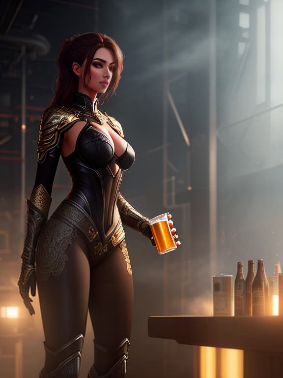  A girl with beer hyperrealistic, full body, detailed clothing, highly detailed, cinematic lighting, stunningly beautiful, intricate, sharp focus, f/1. 8, 85mm, (centered image composition), (professionally color graded), ((bright soft diffused light)), volumetric fog, trending on instagram, trending on tumblr, HDR 4K, 8K