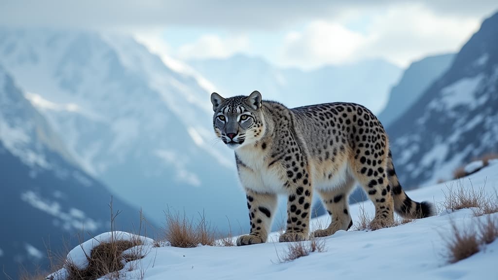  good quality, high quality, snow leopard in majestic mountain landscape