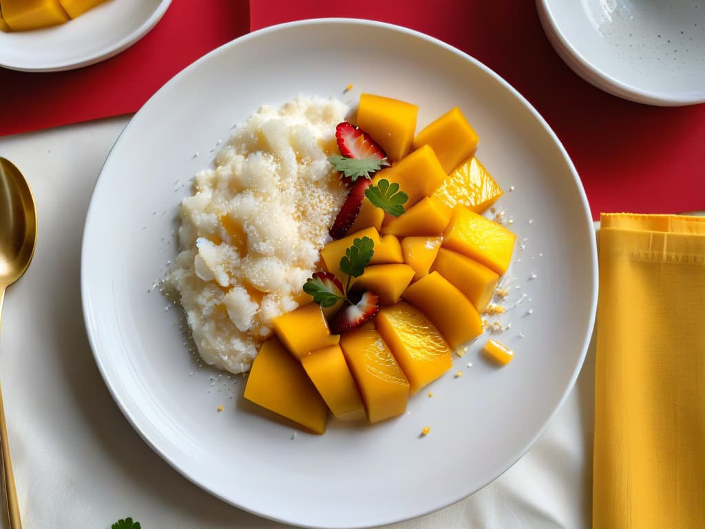  A closeup, ultradetailed image of a beautifully plated vegan mango sticky rice dessert, showcasing the vibrant colors of the ripe mango slices, the creamy coconutinfused sticky rice, and a sprinkle of sesame seeds on top. The dish is elegantly presented on a sleek, modern white plate, with a drizzle of coconut cream adding a touch of sophistication to the minimalistic aesthetic. The lighting is soft and natural, emphasizing the textures and contrasting elements of this delectable and innovative vegan dessert. hyperrealistic, full body, detailed clothing, highly detailed, cinematic lighting, stunningly beautiful, intricate, sharp focus, f/1. 8, 85mm, (centered image composition), (professionally color graded), ((bright soft diffused light)), volumetric fog, trending on instagram, trending on tumblr, HDR 4K, 8K