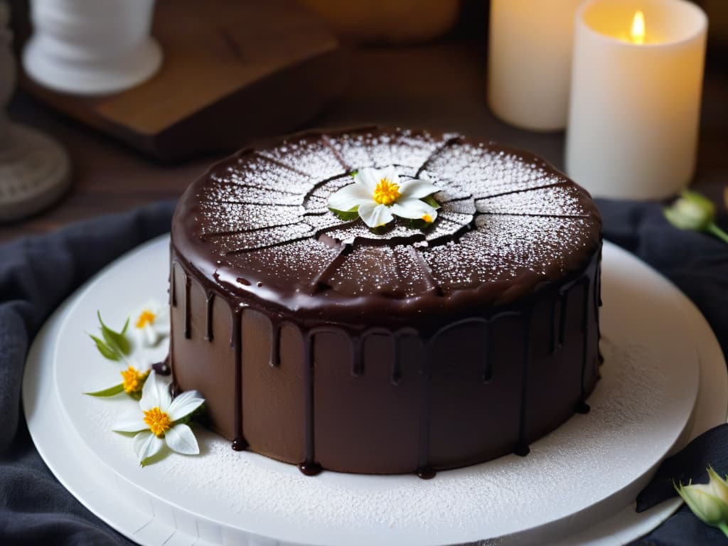  A closeup, ultradetailed image of a freshly baked vegan chocolate cake with a glossy ganache glaze, adorned with delicate edible flowers and a dusting of powdered sugar on a sleek white plate, set against a dark backdrop to highlight the textures and rich colors of the dessert. hyperrealistic, full body, detailed clothing, highly detailed, cinematic lighting, stunningly beautiful, intricate, sharp focus, f/1. 8, 85mm, (centered image composition), (professionally color graded), ((bright soft diffused light)), volumetric fog, trending on instagram, trending on tumblr, HDR 4K, 8K