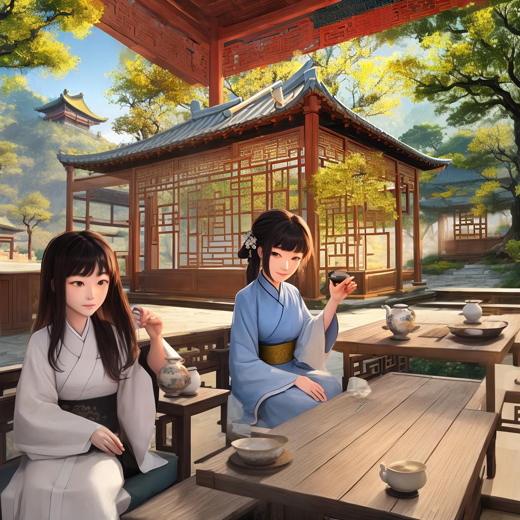  Masterpiece, best quality, ancient Chinese teahouse, dusk time, a woman is drinking tea, only one person